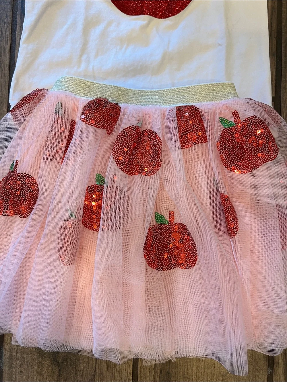 Girls White & Pink Apple Tutu Set with Red Glitter Apples
